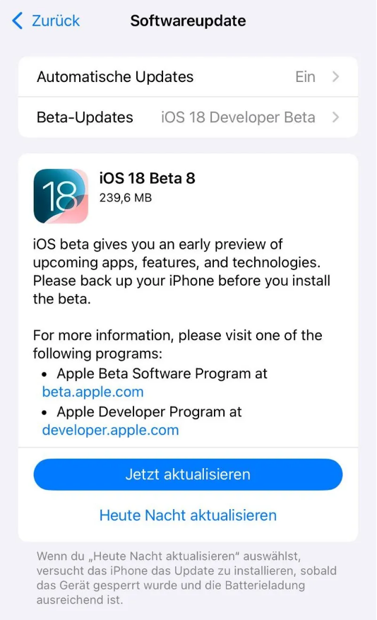 吉阳苹果手机维修分享苹果 iOS / iPadOS 18 开发者预览版 Beta 8 发布 